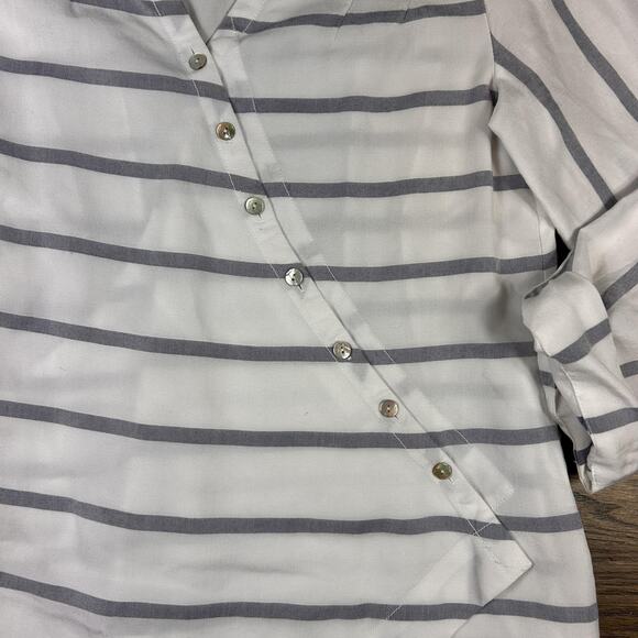 Soft Surroundings Shirt Womens XS Striped Asymmetrical V Neck Tunic Roll Tab - Picture 2 of 10
